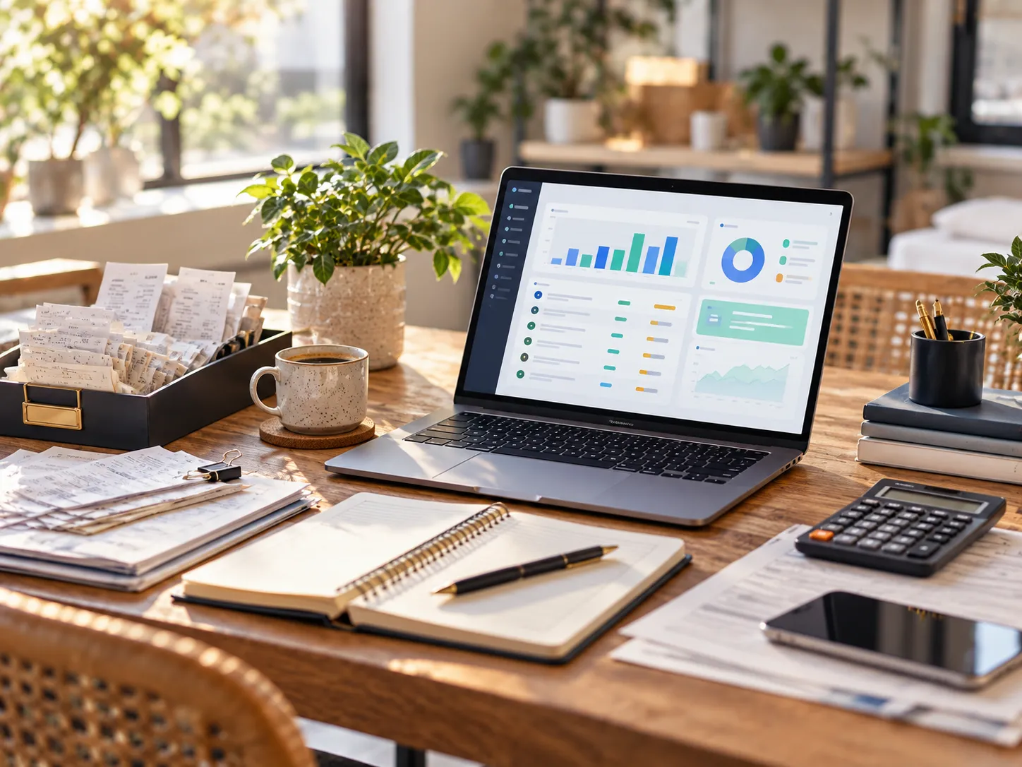 Warm modern small business workspace with organized financial records