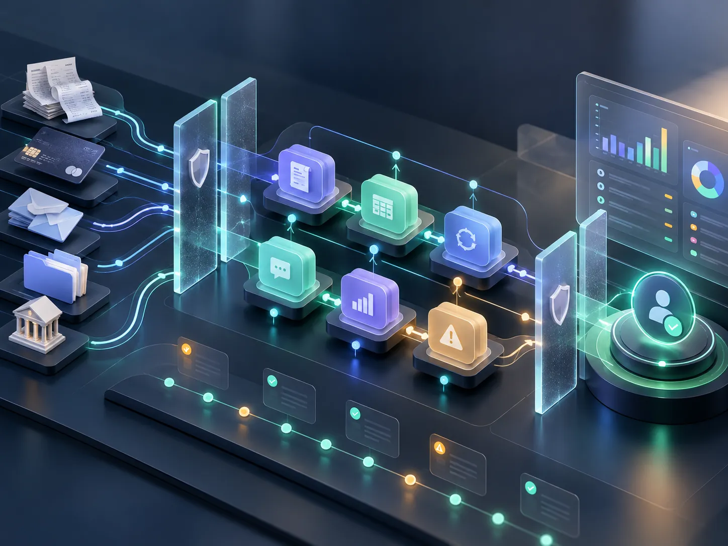 Abstract secure financial operations workspace with approval checkpoints and scoped workflows