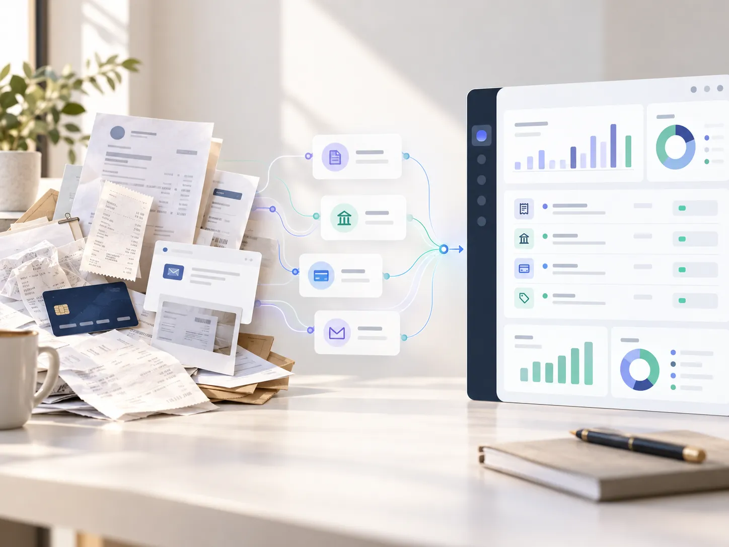Bills, receipts, and operating data flowing into a controlled bookkeeping workflow